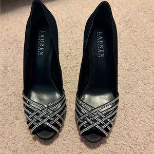 Lauren Ralph Lauren Black Peep-Toe Heels with Crystal Strappy Detail